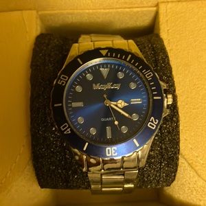 Men’s watch blue face, blue bezel, silver band SALE
